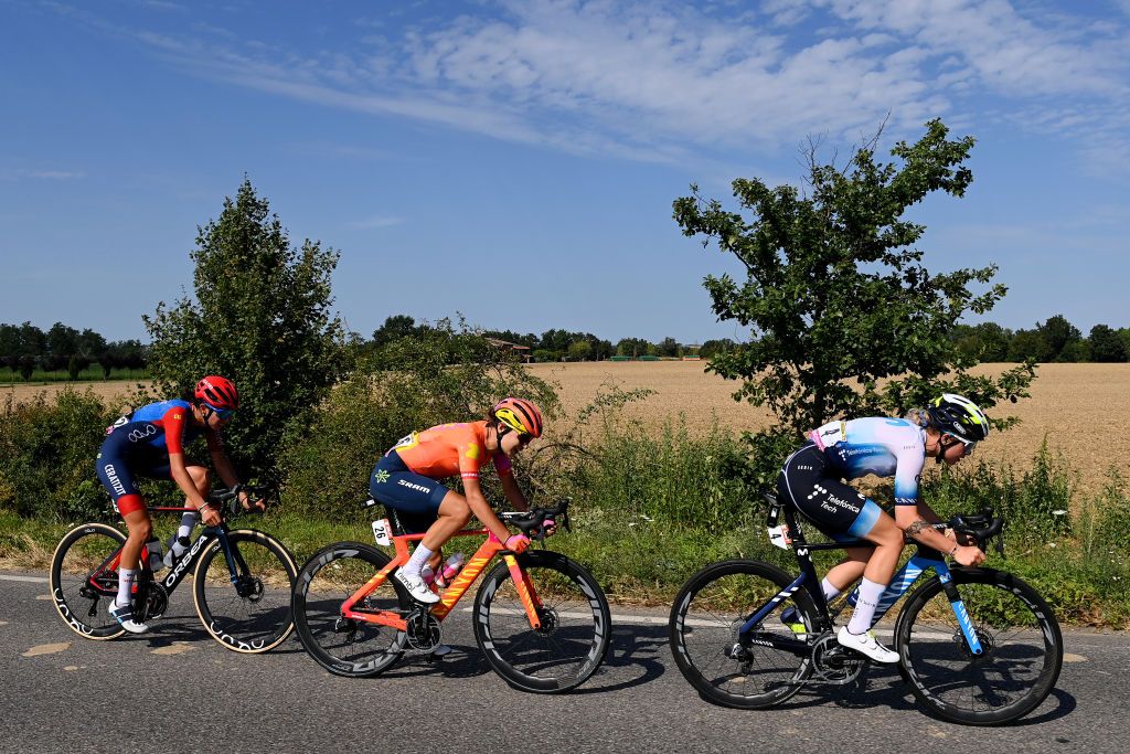 BLAGNAC FRANCE JULY 28 LR Sandra Alonso of Spain and Team CERATIZITWNT Pro Cycling Agnieszka SkalniakSjka of Poland and Team CanyonSRAM Racing and Emma Norsgaard of Denmark and Movistar Team compete in the breakaway during the 2nd Tour de France Femmes 2023 Stage 6 a 1221km stage from Albi to Blagnac UCIWWT on July 28 2023 in Blagnac France Photo by Tim de WaeleGetty Images