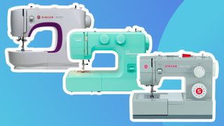 Best sewing machines; three sewing machines on a blue background