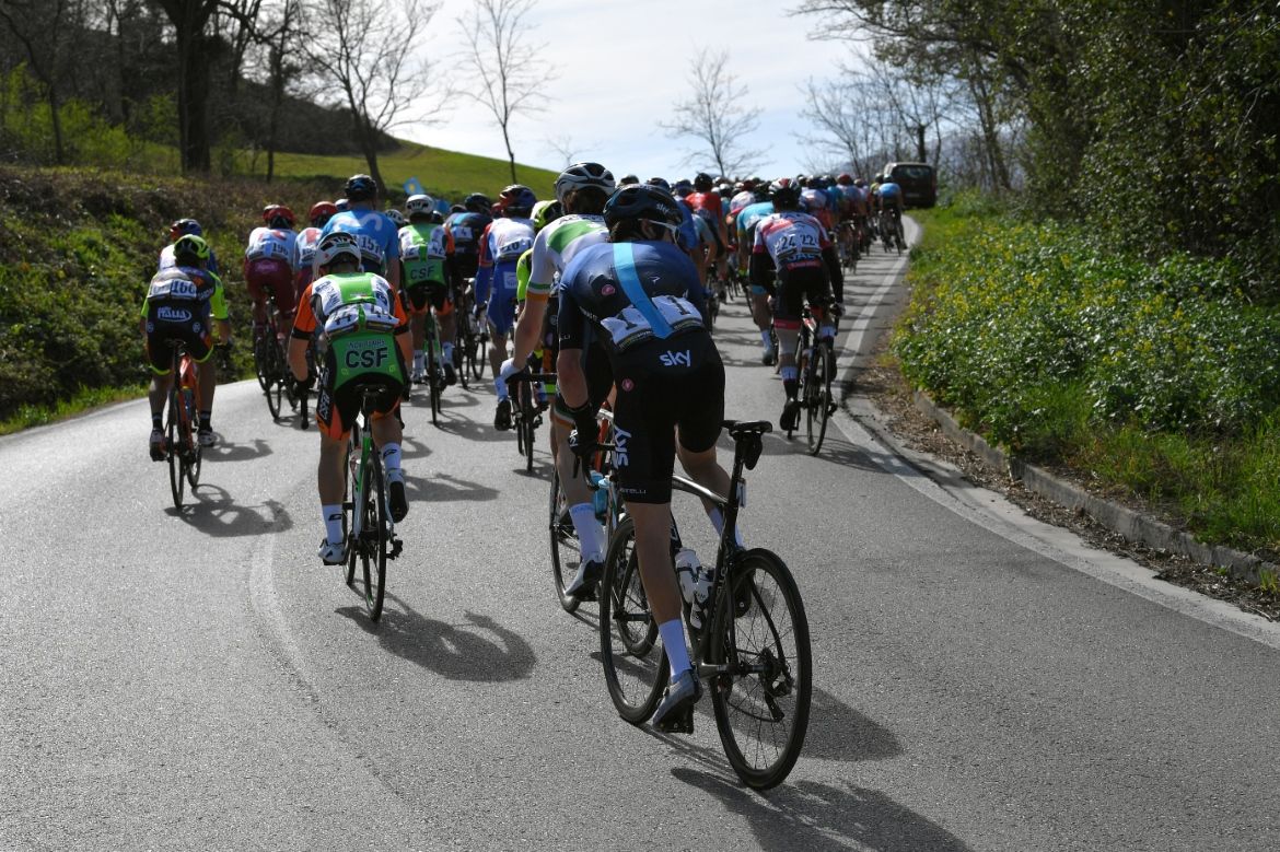 Geraint Thomas (Team Sky) at the back of the peloton before leaving the race with stomach issues