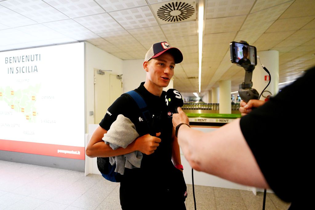 AVOLA ITALY MAY 09 Mathieu Van Der Poel of Netherlands and Team Alpecin Fenix pink leader jersey attends to the media press during the 105th Giro dItalia 2022 Rest Day 1 on the arrival of the teams at Sicily airport Giro WorldTour on May 09 2022 in Avola Italy Photo by Tim de WaeleGetty Images