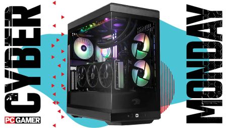 An iBuyPower Y40 Pro gaming PC on a Cyber Monday background. 