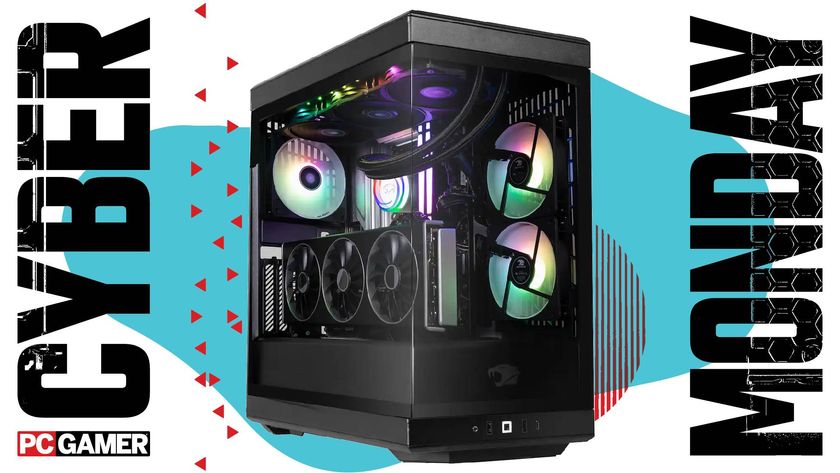 An iBuyPower Y40 Pro gaming PC on a Cyber Monday background. 