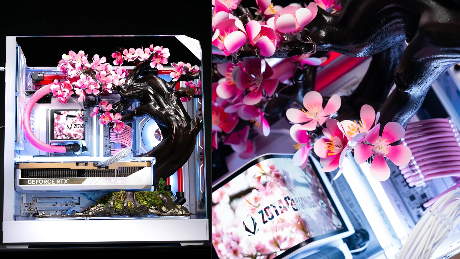 Two photos of the Aftershock PC Cherry Bloom PC.