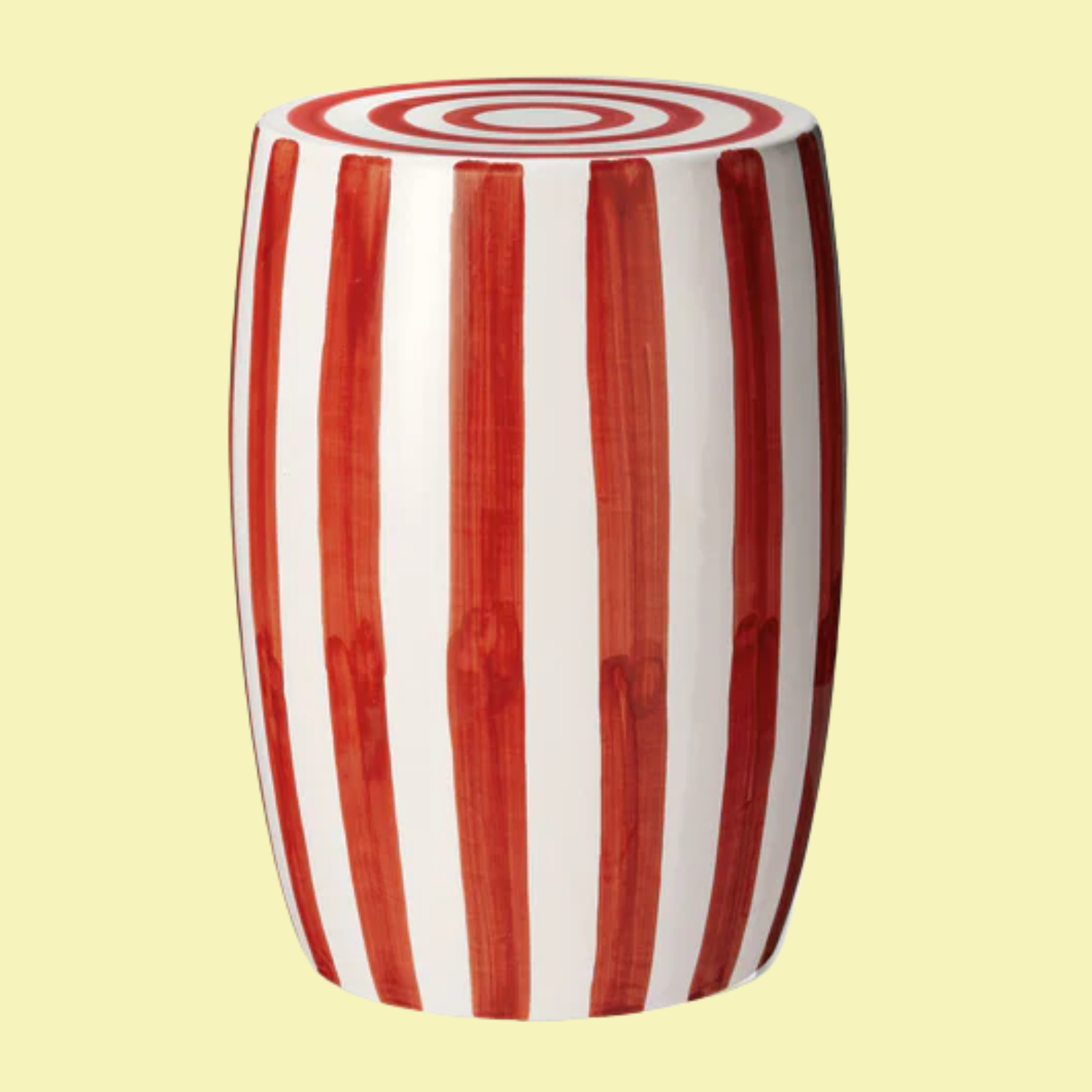 A red and white barrel-shaped side table