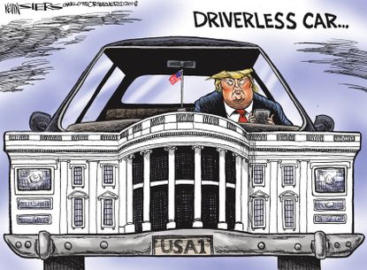 Political cartoon U.S. Trump White House driverless car Uber