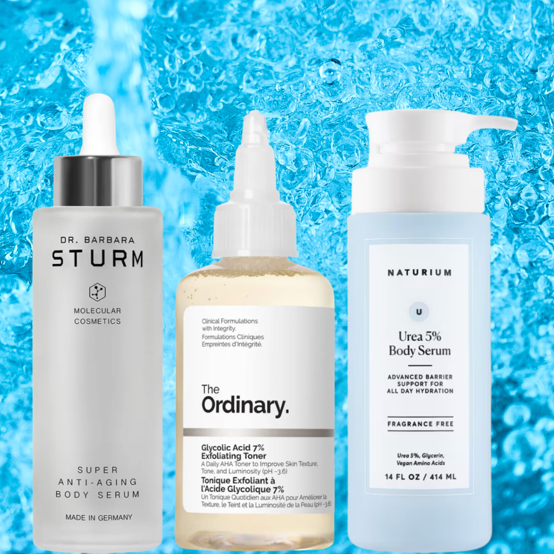 A woman with glowy skin next to three body serums. All images are in front of a watery background. 