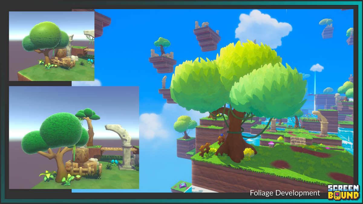 Colourful screens from indie game Screenbound; shows a player holding a yellow handheld console displaying a 2D game that mirrors the surrounding 3D environment perfectly.