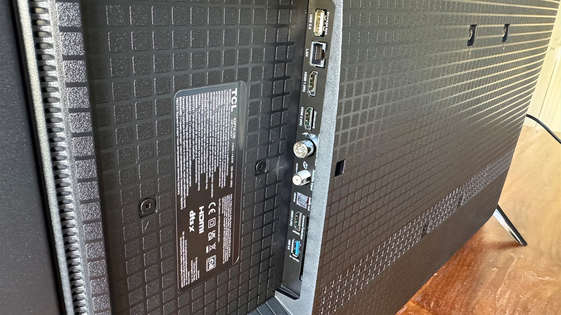 TCL P7K 43-inch TV, rear of TV showing connections