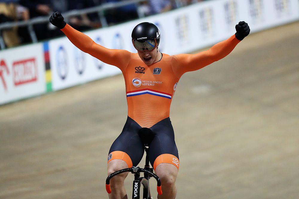 Harrie Lavreysen of Netherlands celebrates winning the gold medal in the Men's sprint race on day five of the UCI Track Cycling World Championships