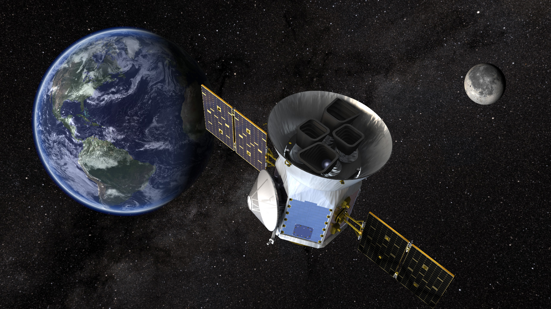 Illustration of NASA's Transiting Exoplanet Survey Satellite (TESS) at work.