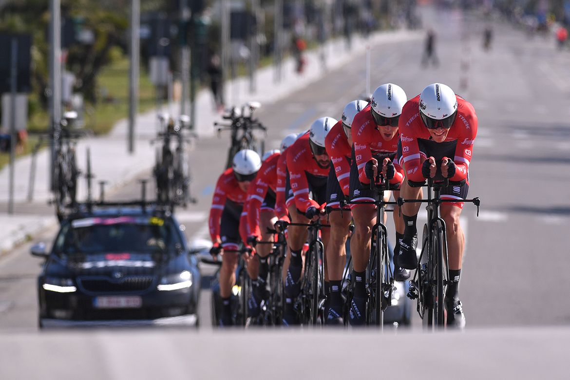 A well-organised Trek-Segafredo squad making their way through the Tirreno-Adriatico team time trial