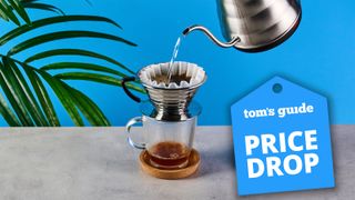the kalita wave pour over coffee maker photographed brewing coffee with a tom's guide deal badge
