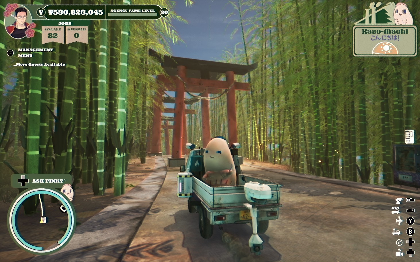 A truck drives through a bamboo forest with a mascot in the back