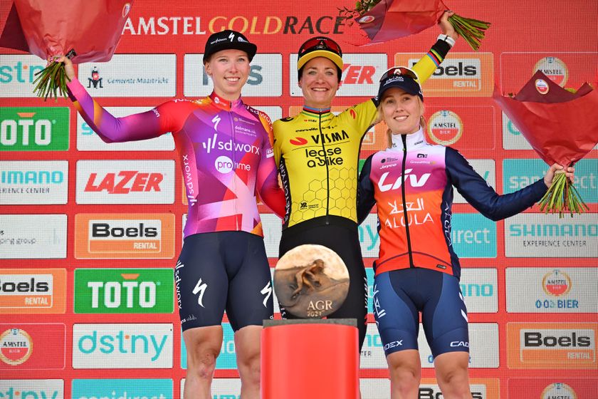 BERG EN TERBLIJT NETHERLANDS APRIL 14 LR Lorena Wiebes of The Netherlands and Team SD Worx Protime on second place race winner Marianne Vos of The Netherlands and Team Visma Lease a Bike and Ingvild Gaskjenn of Norway and Team Liv AlUla Jayco on third place pose on the podium ceremony after the 10th Amstel Gold Race Ladies Edition 2024 a 1576km one day race from Maastricht to Berg en Terblijt on UCIWWT April 14 2024 in Berg en Terblijt Netherlands Photo by Luc ClaessenGetty Images