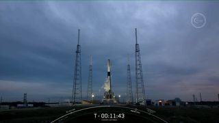 A SpaceX Falcon 9 rocket carrying the COSMO-SkyMed Second Generation FM2 Earth-observation radar satellite for Italy stands atop Space Launch Complex 40 at the Cape Canaveral Space Force Station in Florida ahead of an attempted launch on Jan. 28, 2022.