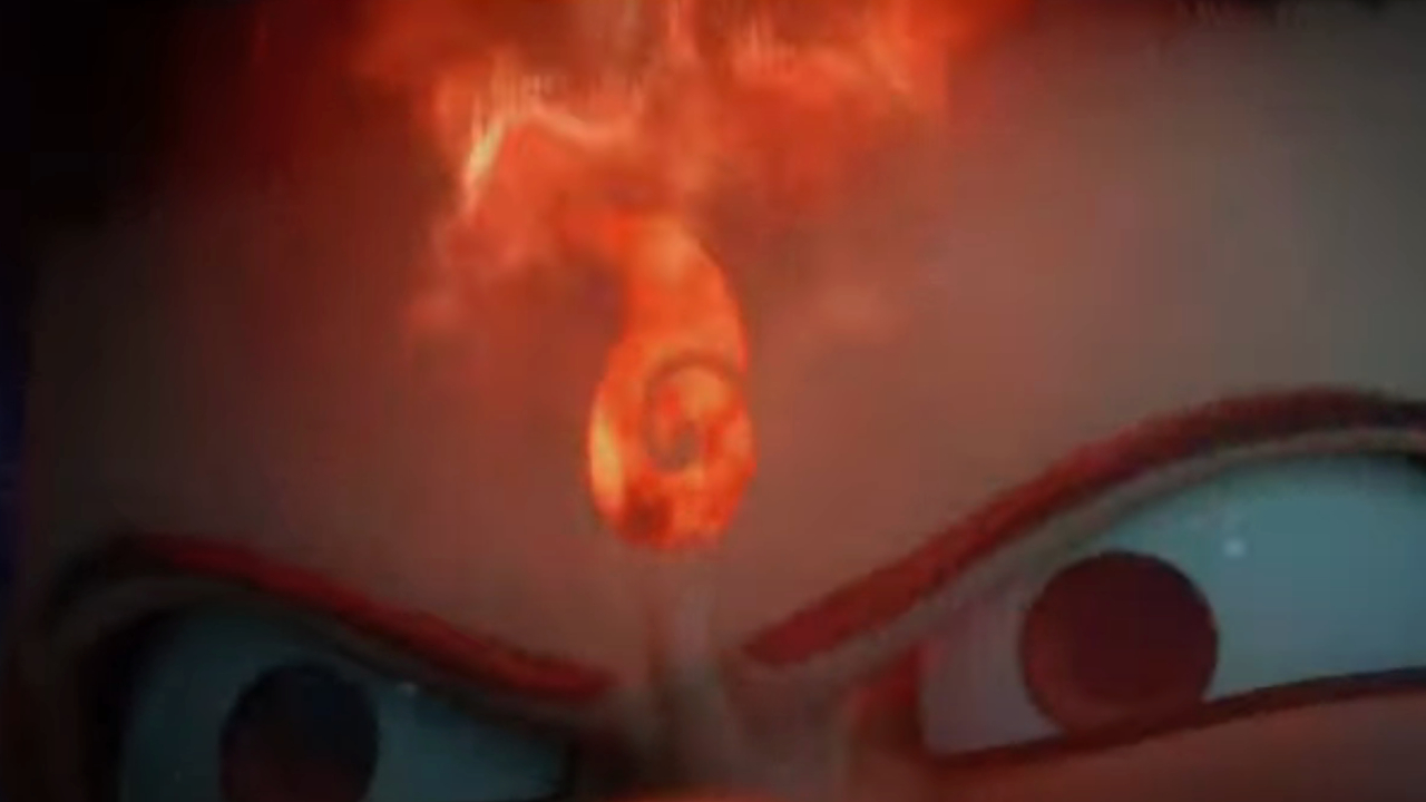 A close-up on Ne Zha's flaming forehead in Ne Zha