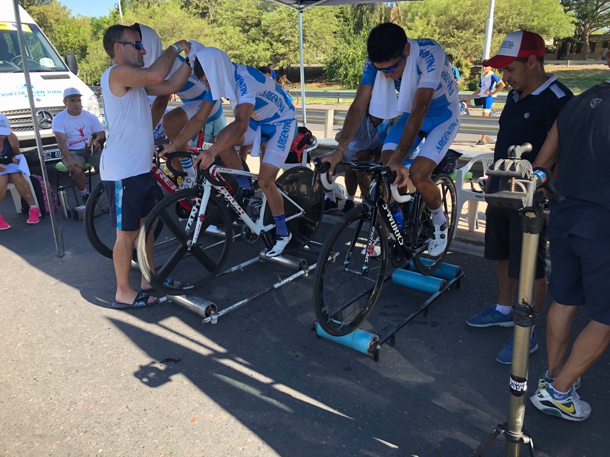 Riders from the Argentina national team warm up ahead of the time trial