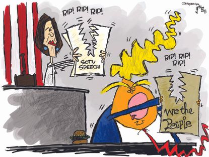 Political Cartoon U.S. Trump Nancy Pelosi State of the Union speech constitution ripped