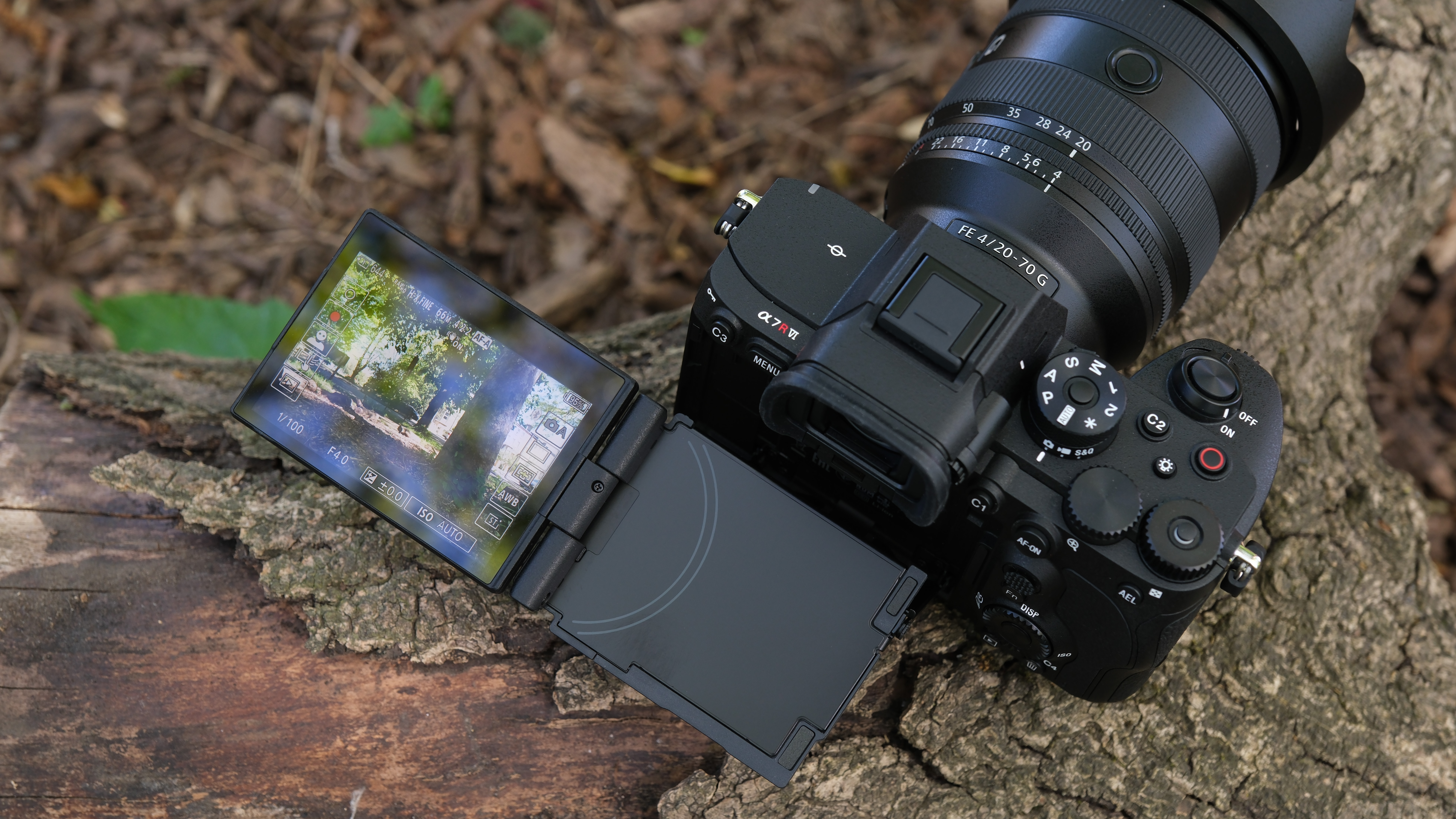 Sony A7R VI rear view with the articulated screen showing live view.