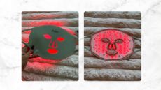 On the left is a picture of the UKLASH LED Dual Light Pro-Therapy Face Mask from the front, and on the right is a picture of the underside, with the red LED lights on/ both featured in a grey and white marble-effect template