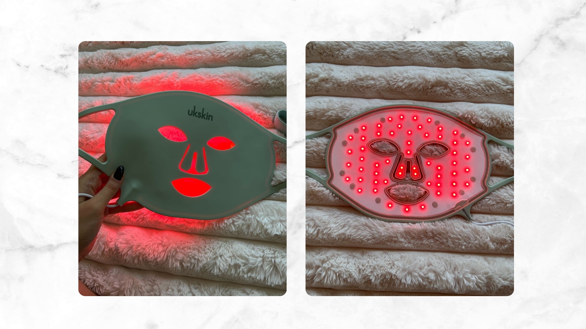 On the left is a picture of the UKLASH LED Dual Light Pro-Therapy Face Mask from the front, and on the right is a picture of the underside, with the red LED lights on/ both featured in a grey and white marble-effect template