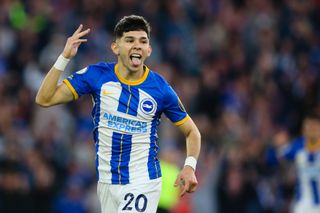 Julio Enciso celebrates his wonder goal for Brighton against Manchester City in May 2023.