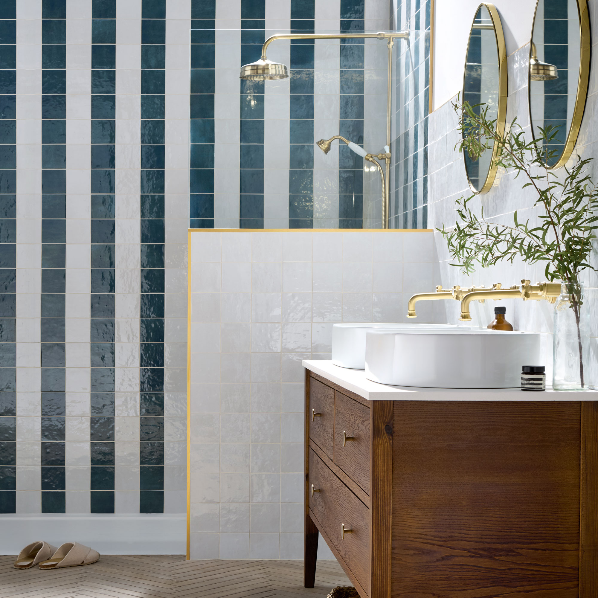 Zellige inspired tiles in a stripe pattern in a shower