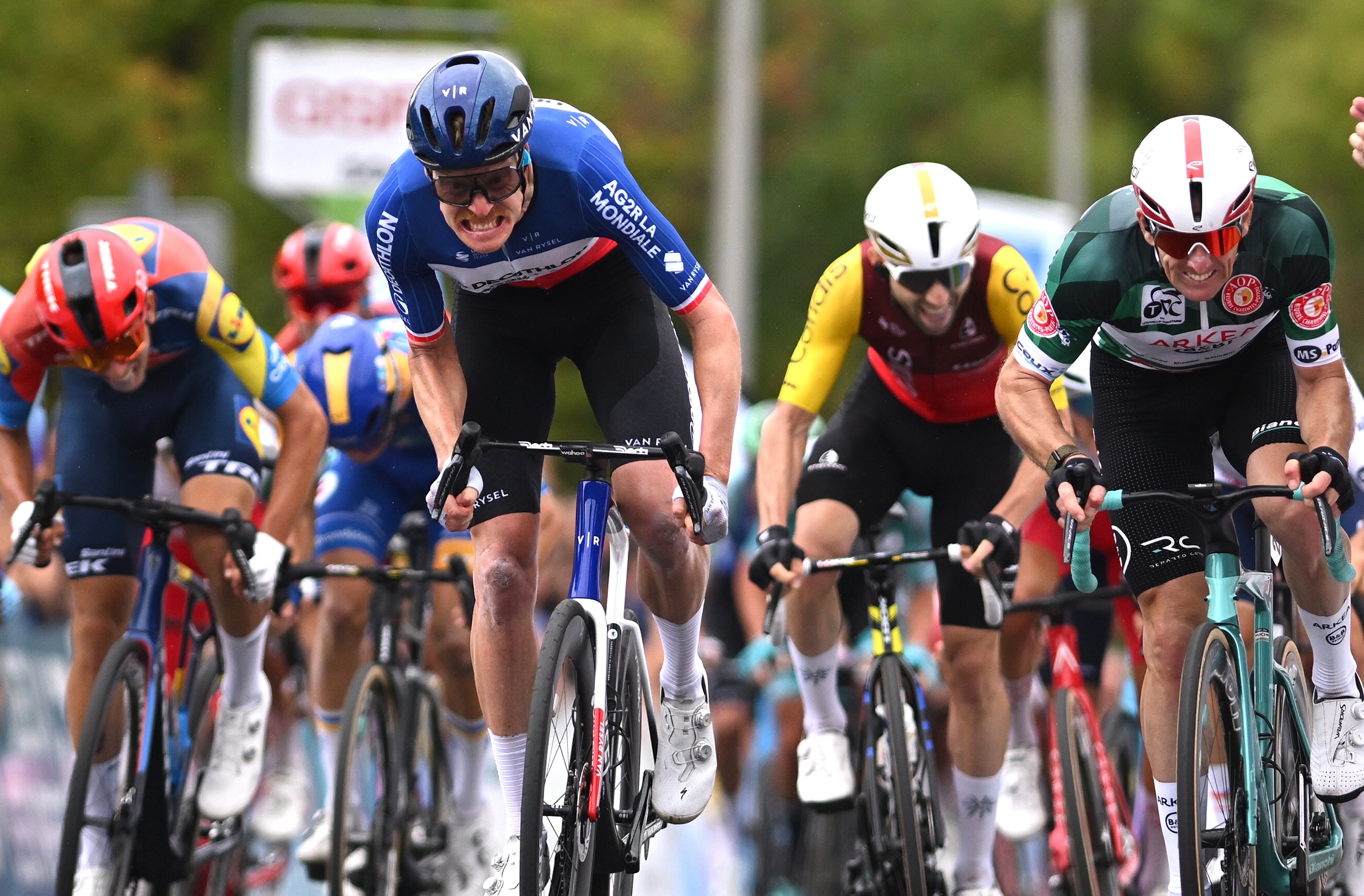 GOND-PONTOUVRE, FRANCE - AUGUST 27: (L-R) Stage winner Dorian Godon of France and Team Decathlon AG2R La Mondiale and Arnaud Demare of France and Team Arkea - B&amp;B Hotels - Green Points Jersey sprint at finish line during the 39th Tour Poitou - Charentes en Nouvelle Aquitaine 2025, Stage 2 a 175.5km from Jonzac to Gond-Pontouvre on August 27, 2025 in Gond-Pontouvre, France. (Photo by Luc Claessen/Getty Images)