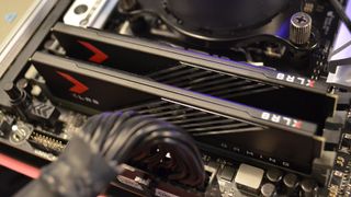 PNY xlr8 gaming mako ddr5 RAM slotted into a motherboard