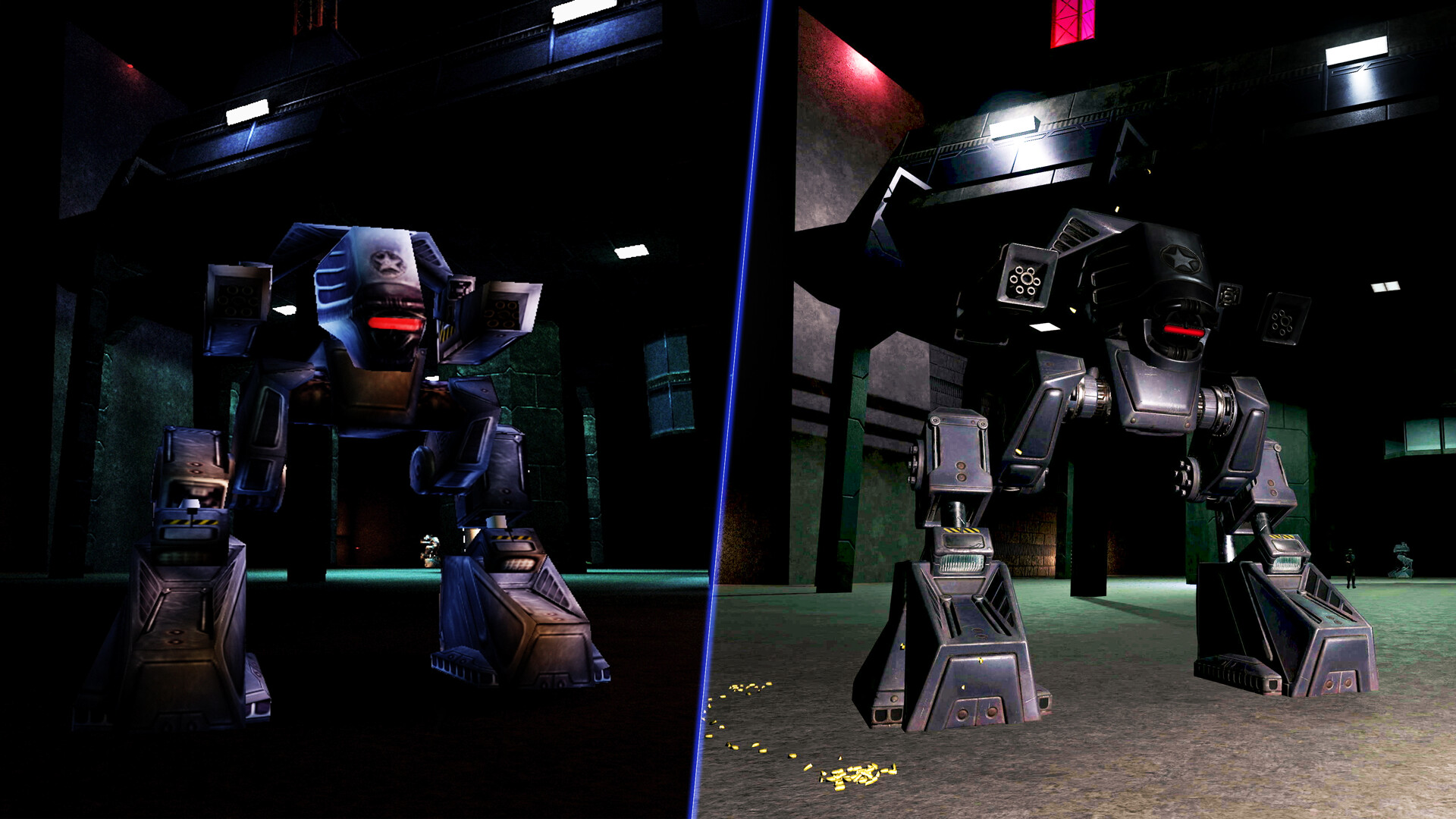 Deus Ex Remastered screenshot showing an comparison image of a security patrol robot in the original game versus the remaster