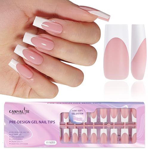Canvalite French Tip Press on Nails - 300pcs Pre-Colored Quick and Easy Press on Nails Long Square Fake Nails With Designs Diy Gel Nail Tips, Pink White