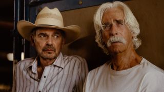 From left to right Billy Bob Thornton sitting next to and looking at Sam Elliott in Landman. 