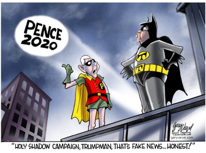 Political cartoon U.S. Pence presidential campaign Batman Robin fake news