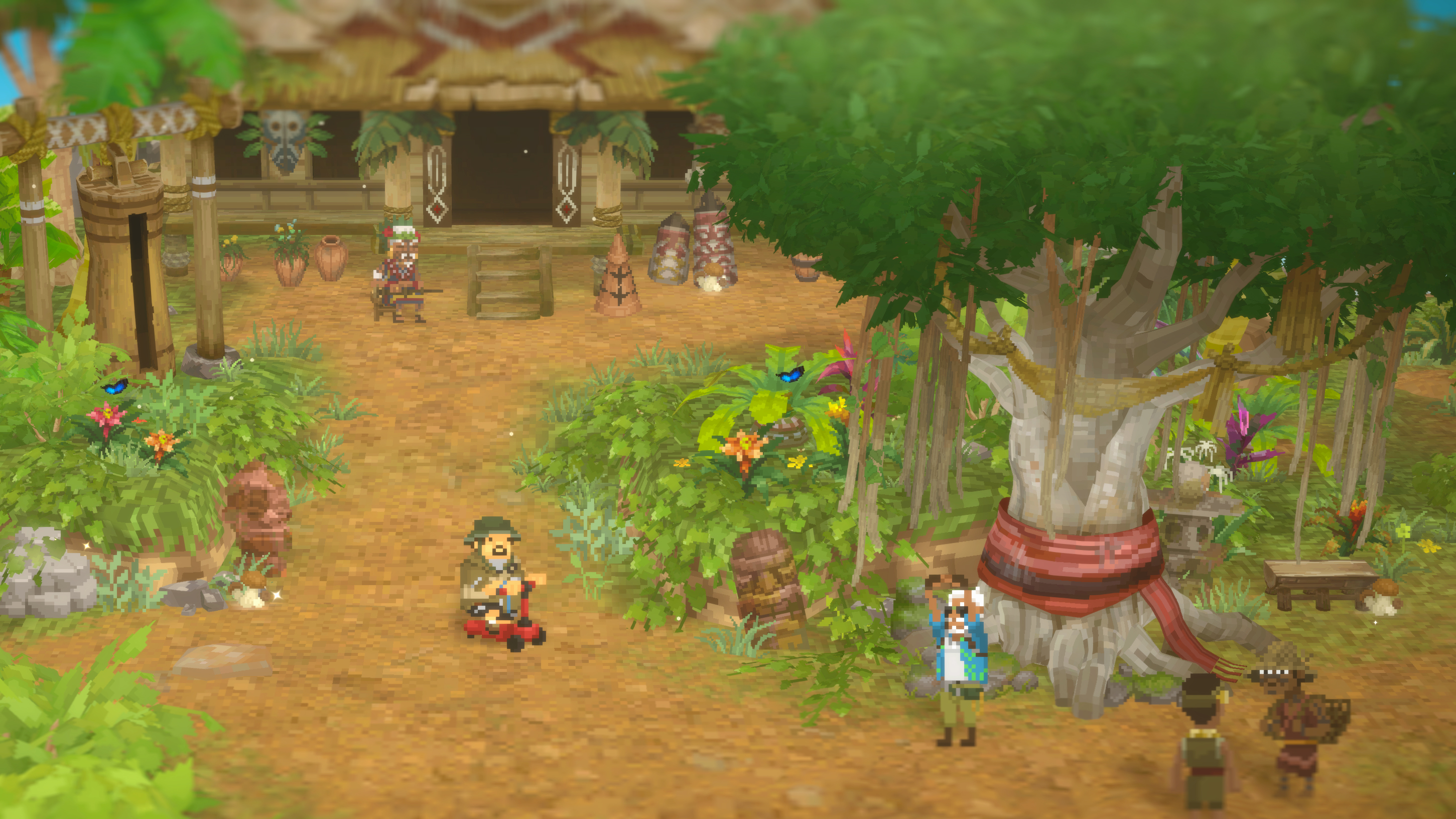 Dave the Diver driving a scooter through a village