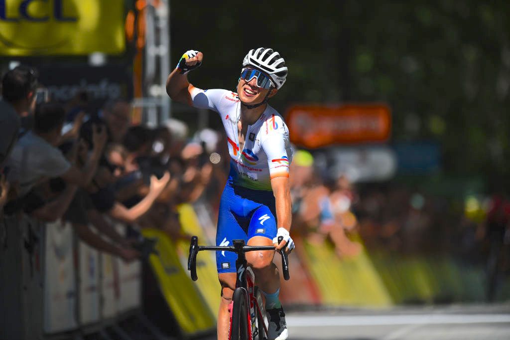 GAP, FRANCE - JUNE 10: Valentin Ferron of France and Team Total Energies celebrates winning during the 74th Criterium du Dauphine 2022, Stage 6 a 196,4km stage from Rives to Gap 742m / #WorldTour / #DauphinÃ© / on June 10, 2022 in Gap, France. (Photo by Dario Belingheri/Getty Images)