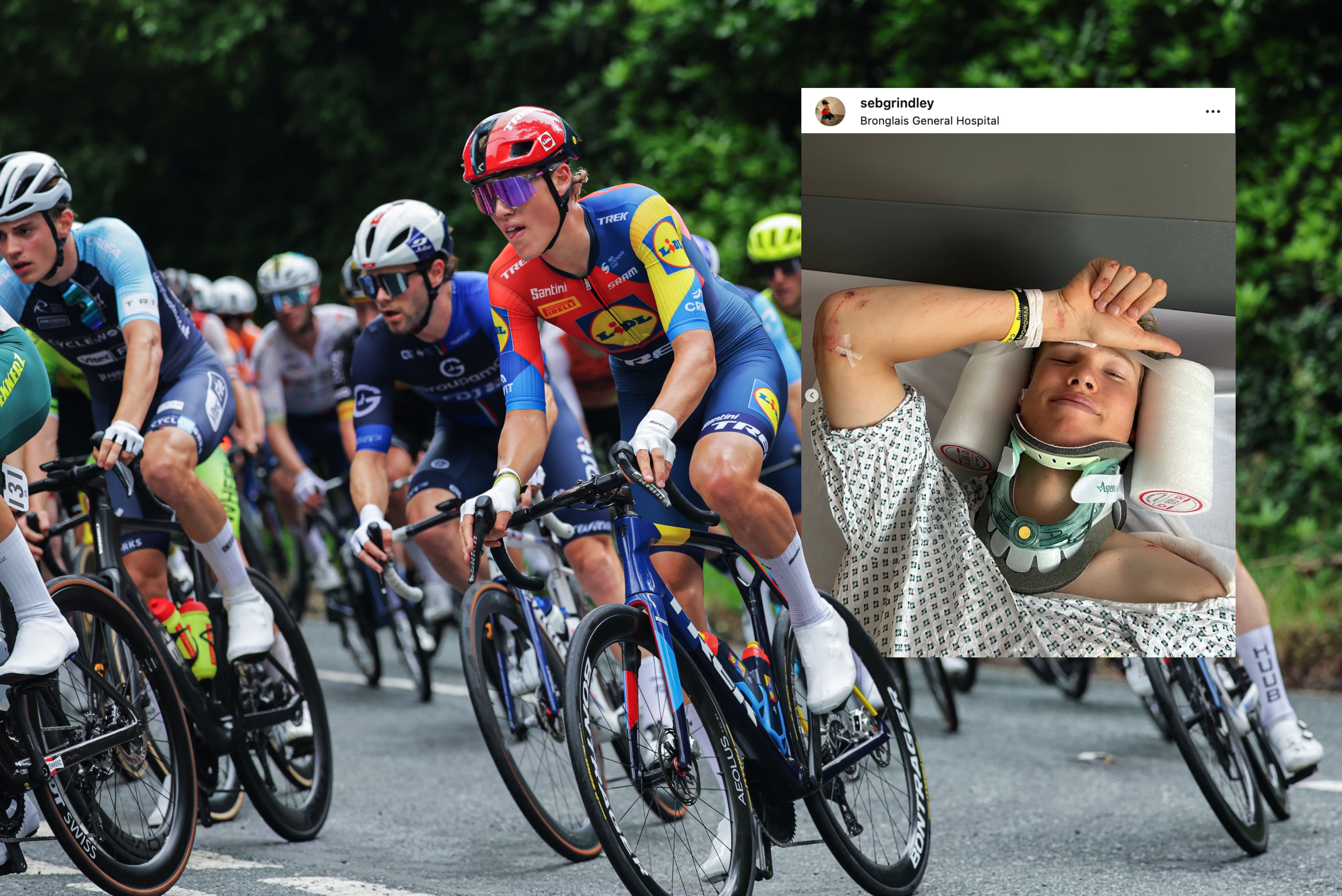 Seb Grindley riding for Lidl-Trek with a hospital photo of him in a neck brace embossed on top