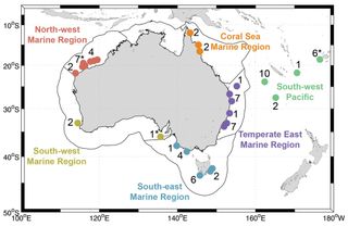Sampling locations of the 68 plastics analysed in our study. Black lines delimit marine regions of Australia; dots indicate areas where plastics were collected; numbers represent how many plastics were taken for scanning electron microscopy analyses.