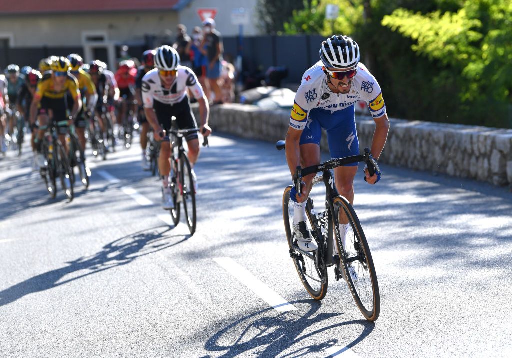NICE FRANCE AUGUST 30 Julian Alaphilippe of France and Team Deceuninck QuickStep Attack during the 107th Tour de France 2020 Stage 2 a 186km stage from Nice Haut Pays to Nice TDF2020 LeTour on August 30 2020 in Nice France Photo by Tim de WaeleGetty Images