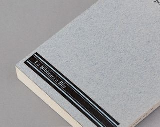 A light blue book on gray background with the words 'the blue library' in black type in Italian