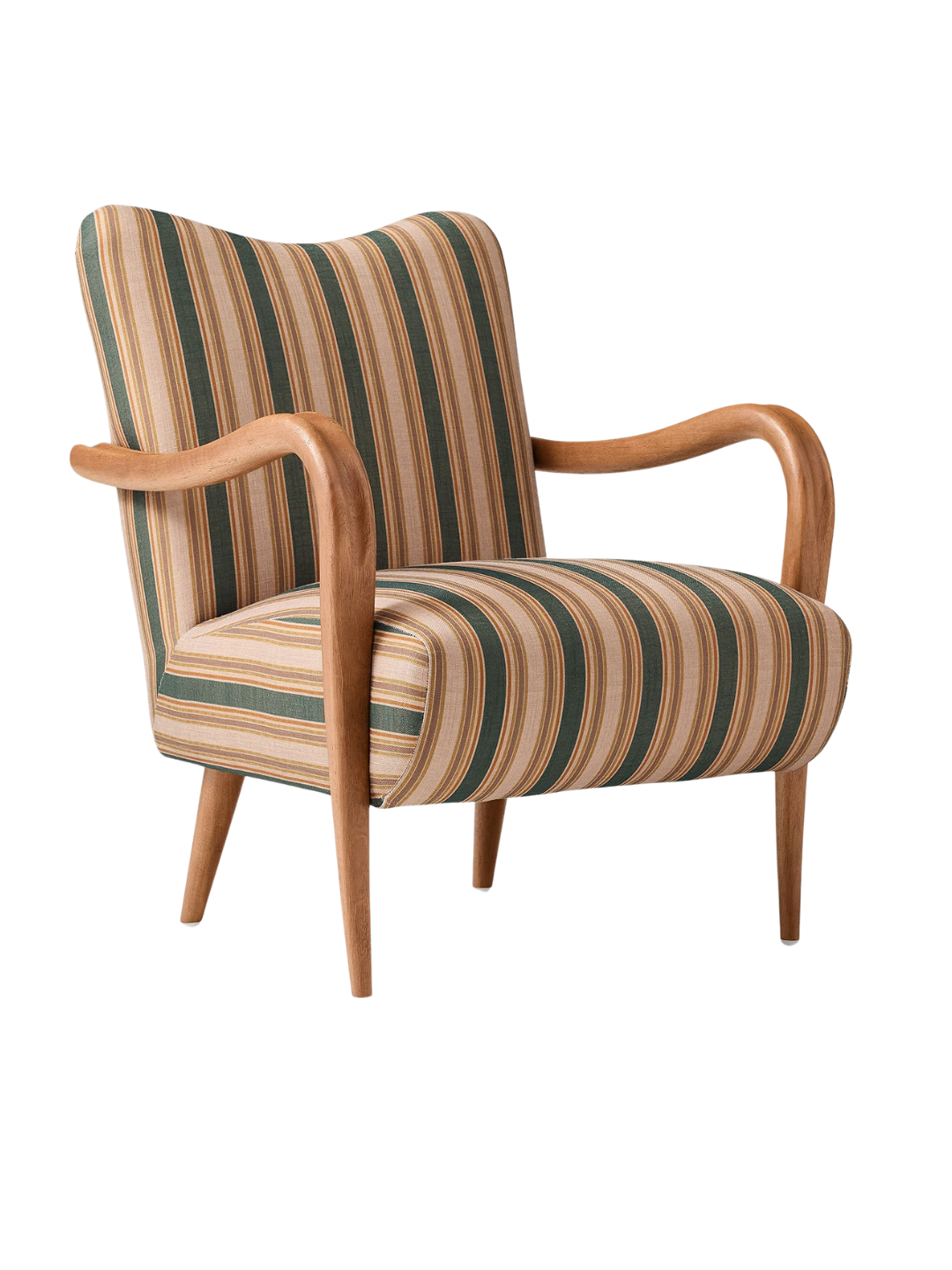 an accent chair with wavy wood arms and a green, tan, and beige striped seat