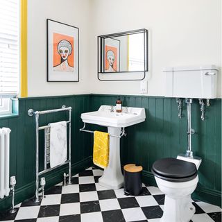 green panelled bathroom with tiled floor