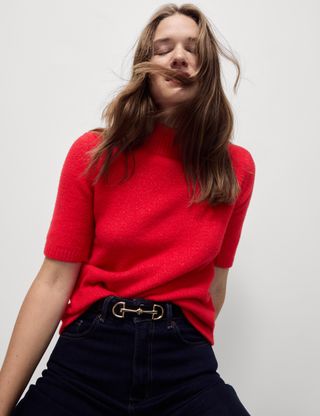 Metallic Funnel Neck Knitted Top