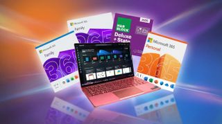 A red laptop surrounded by floating retail boxes for Microsoft 365 Personal, Microsoft 365 Family, and H&R Block Deluxe tax software, illustrating the best bundle deals for 2026.