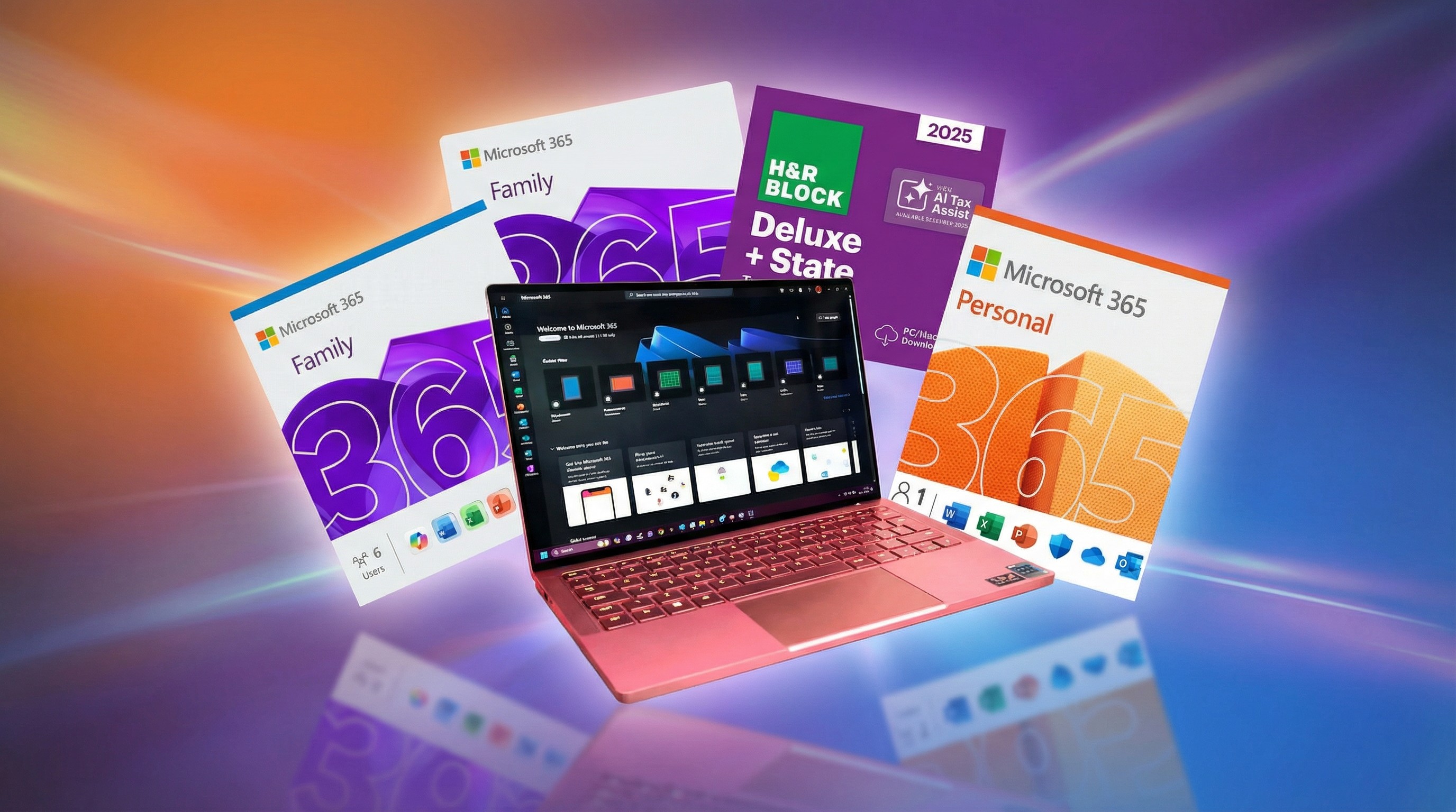 A red laptop surrounded by floating retail boxes for Microsoft 365 Personal, Microsoft 365 Family, and H&amp;R Block Deluxe tax software, illustrating the best bundle deals for 2026.