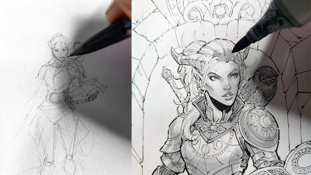 An image showing steps from a drawing tutorial on how to sketch a fantasy character