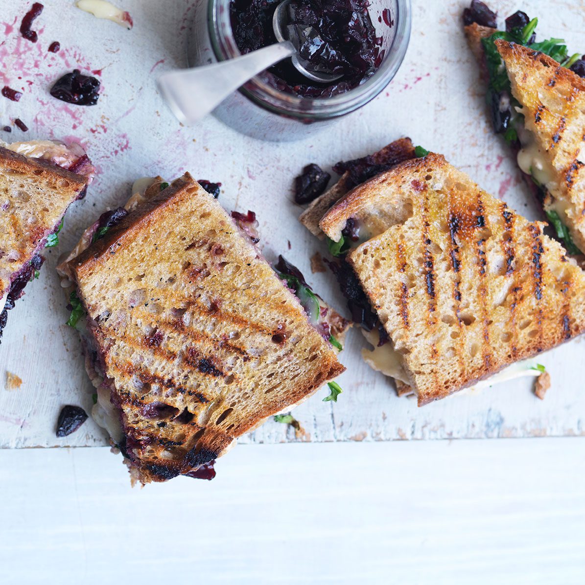 Cherry recipe with bread, cheese and salad 