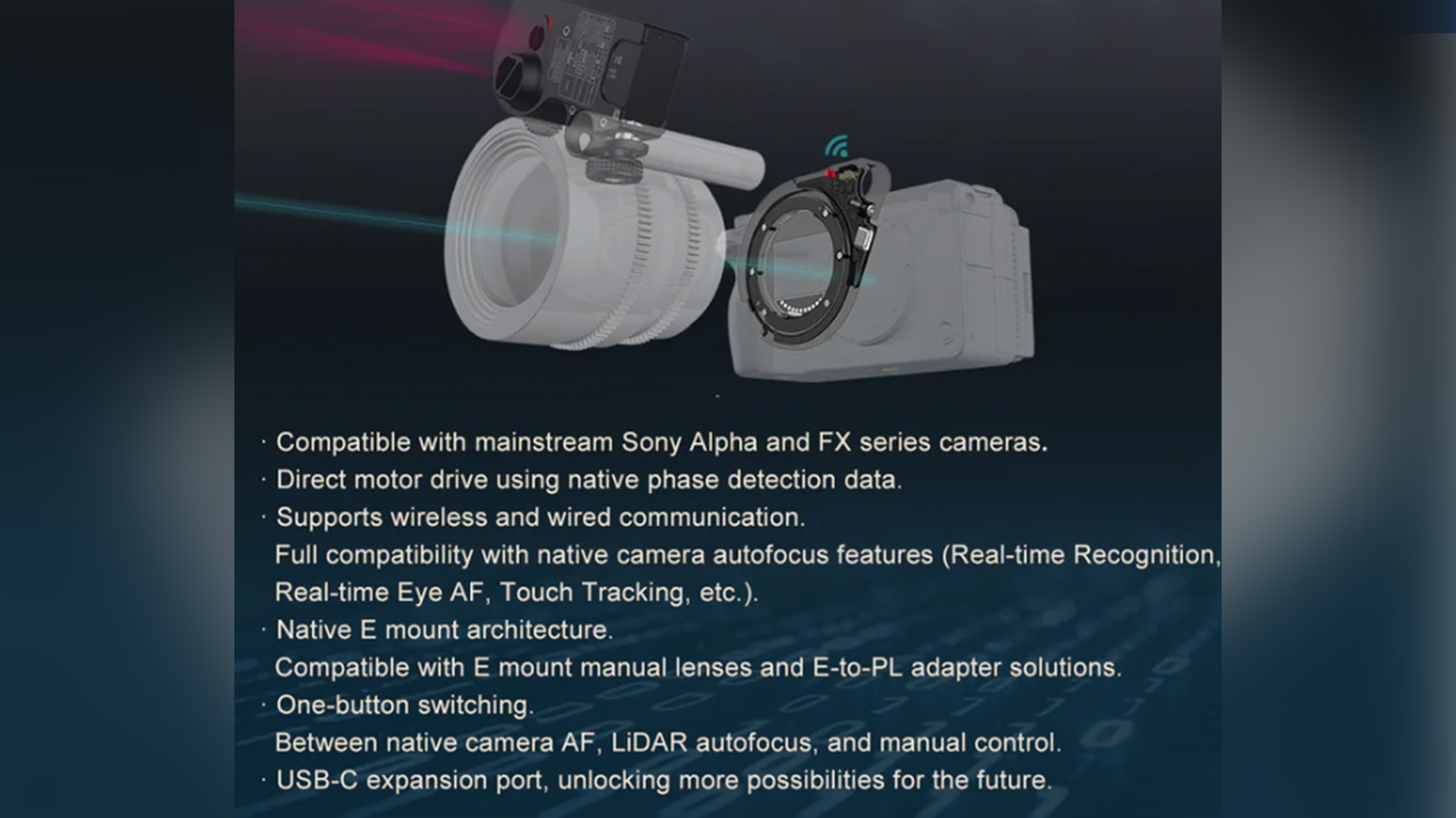 A diagram showing how the PDMOVIE Smart Fusion camera body autofocus adapter works.