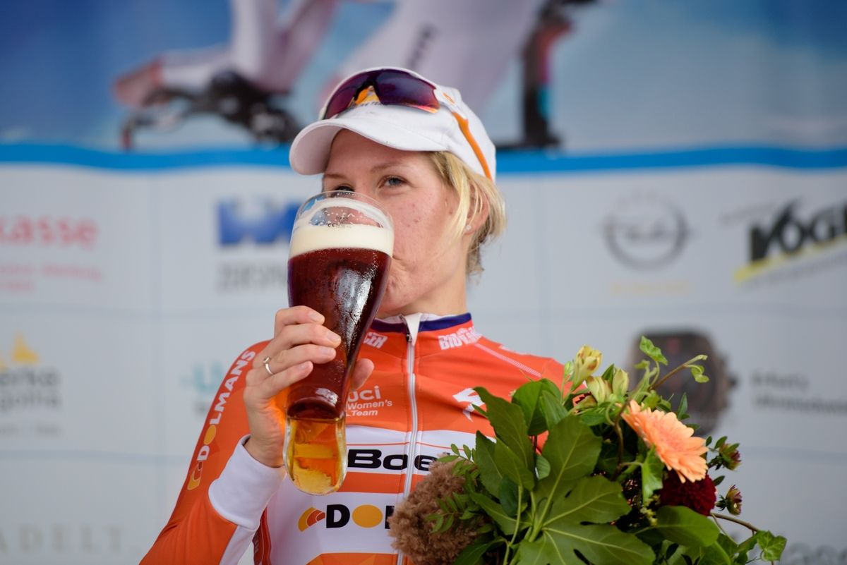 Ellen van Dijk (Boels Dolmans) savours the rewards of her third place finish at Th&uuml;ringen Rundfarht 2016 - Stage 3