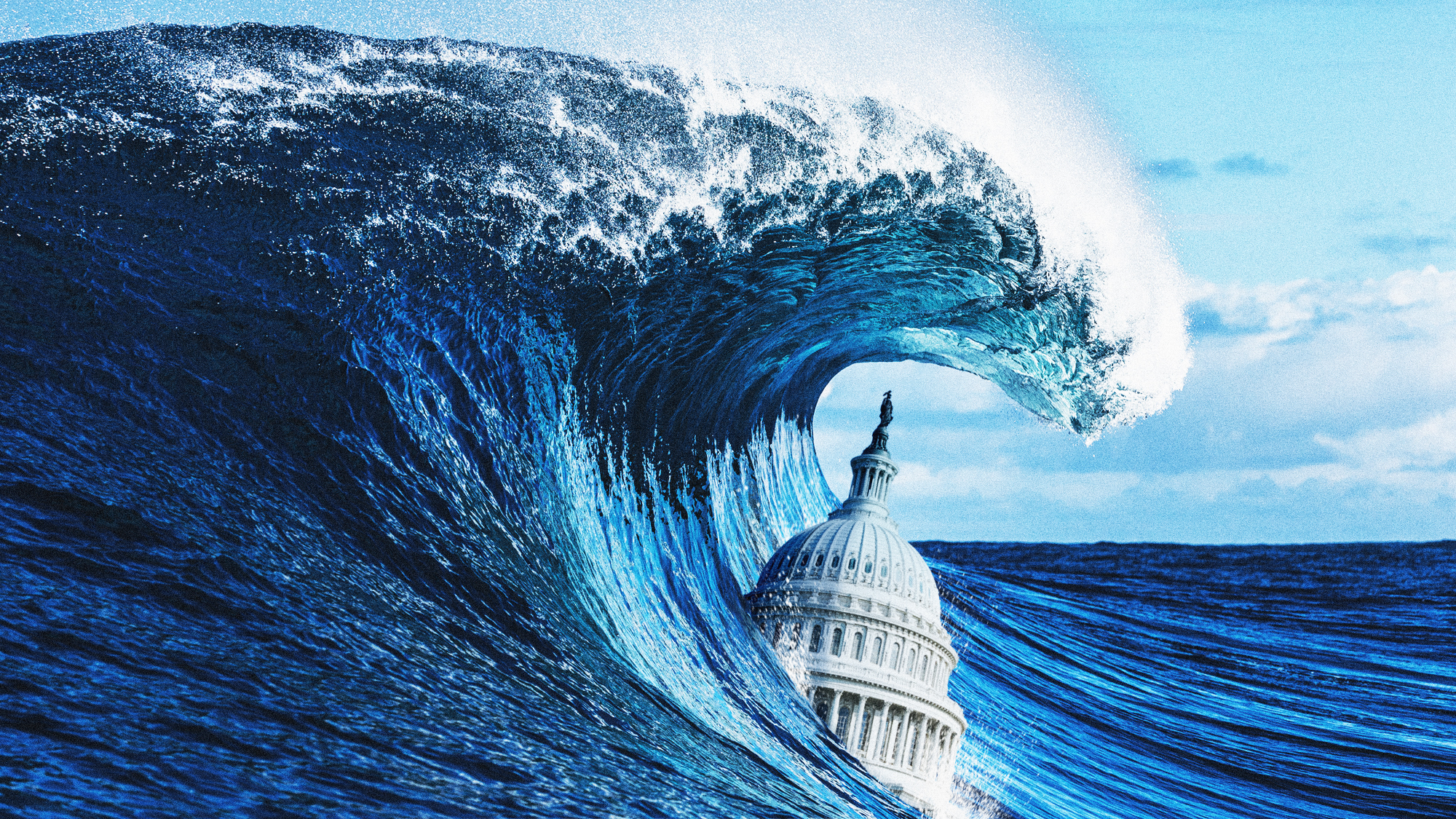 Photo composite illustration of a massive blue ocean wave sweeping over the Capitol Dome