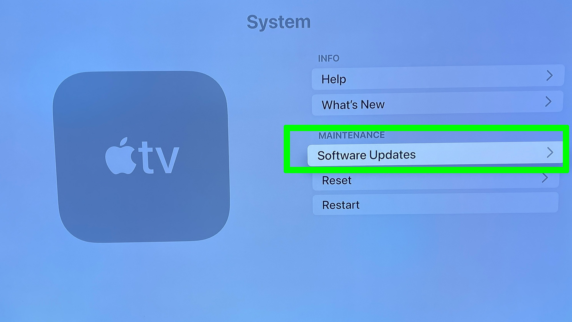 tvOS 16-Setup-Vorgang auf der Systemseite mit hervorgehobener Softwareaktualisierung